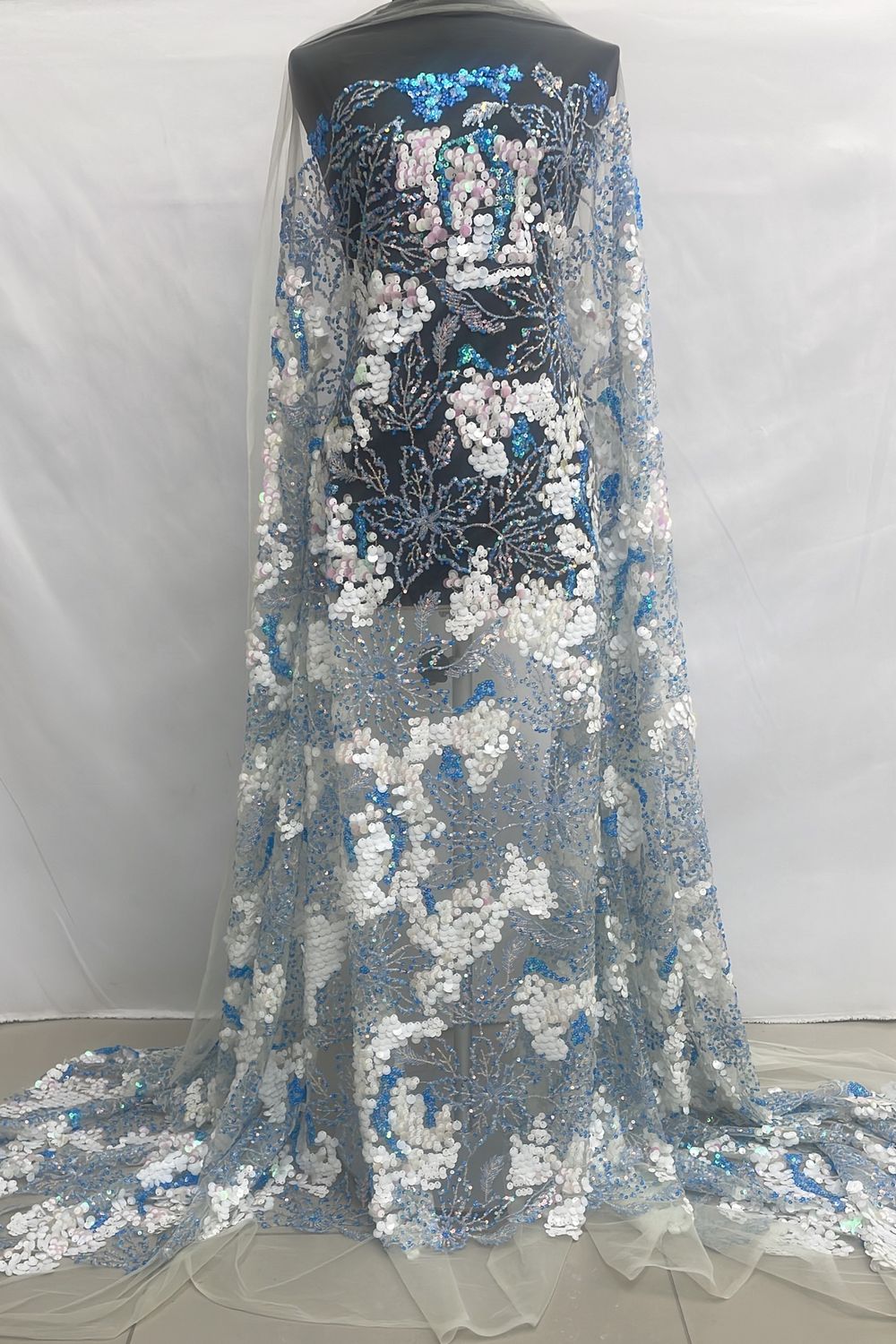 Dress Fabric [ 23017 ] Tulle Emb Secq-137-Cream w/ Blue-006 per Meter