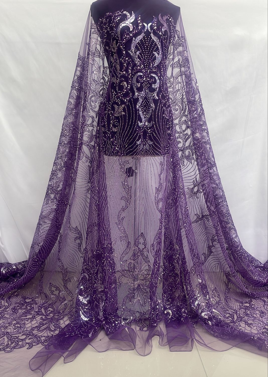 Dress Fabric [ 24813 ] Tulle Emb BeadCord-37814-137-Grape-9 per Meter