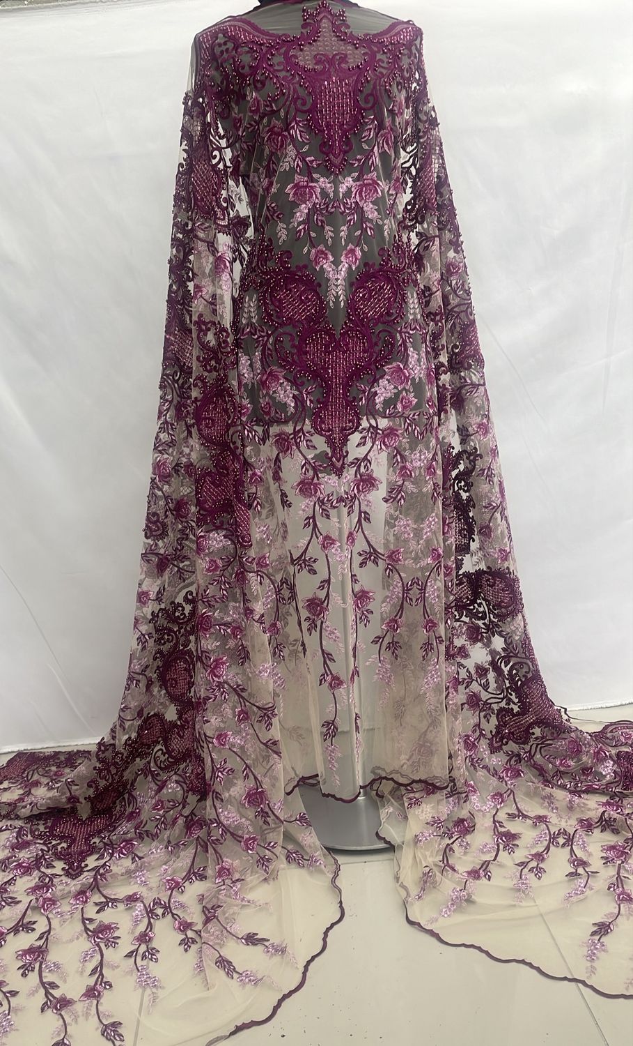 Dress Fabric [ 15865 ] Tulle Embroidered Beaded/137cm/5g/WINE PINK per Meter