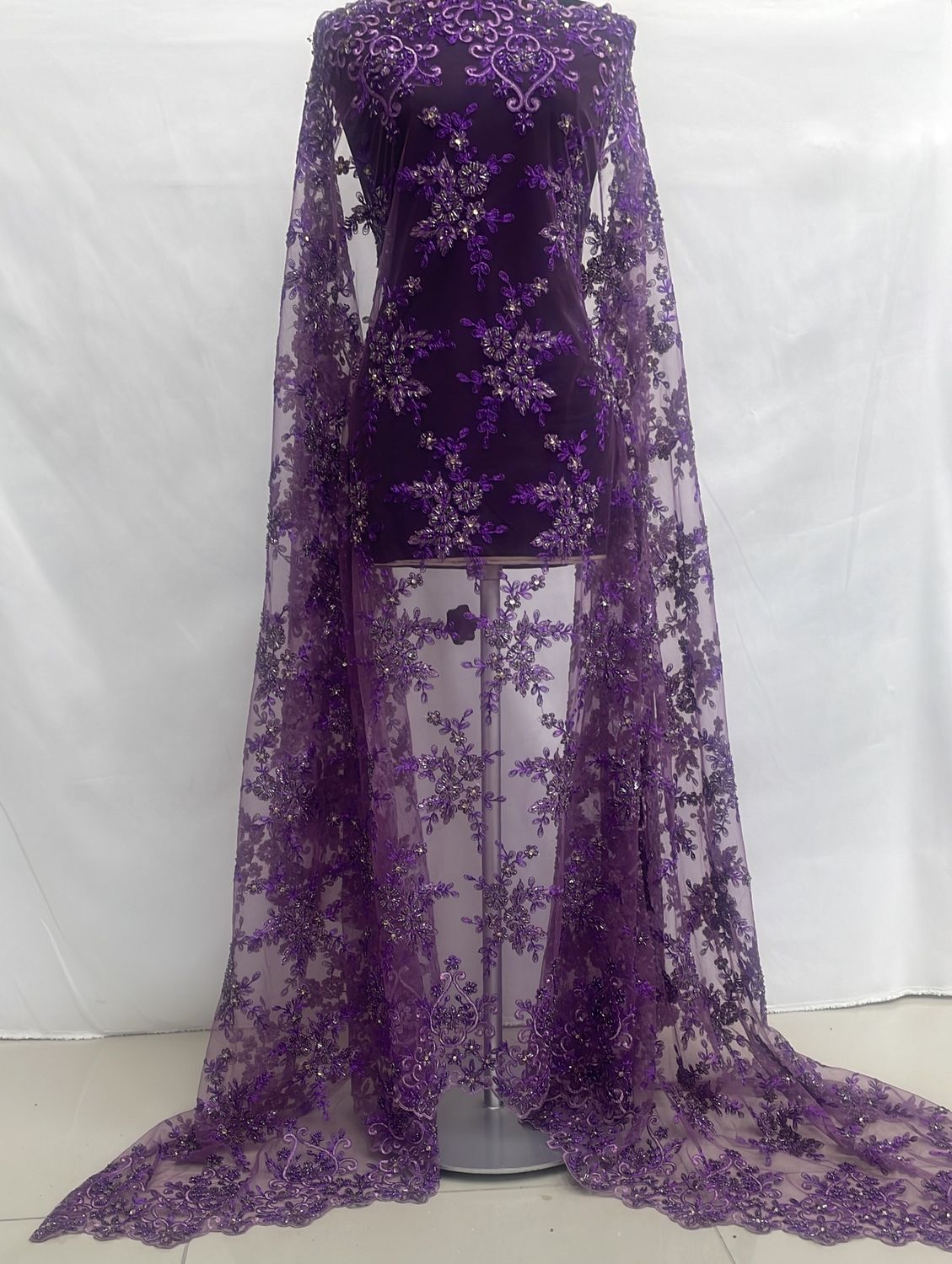 Dress Fabric [ TUEB-ZT-2335-3 ] TulleEmbBeadCord-137-PURPLE per Meter