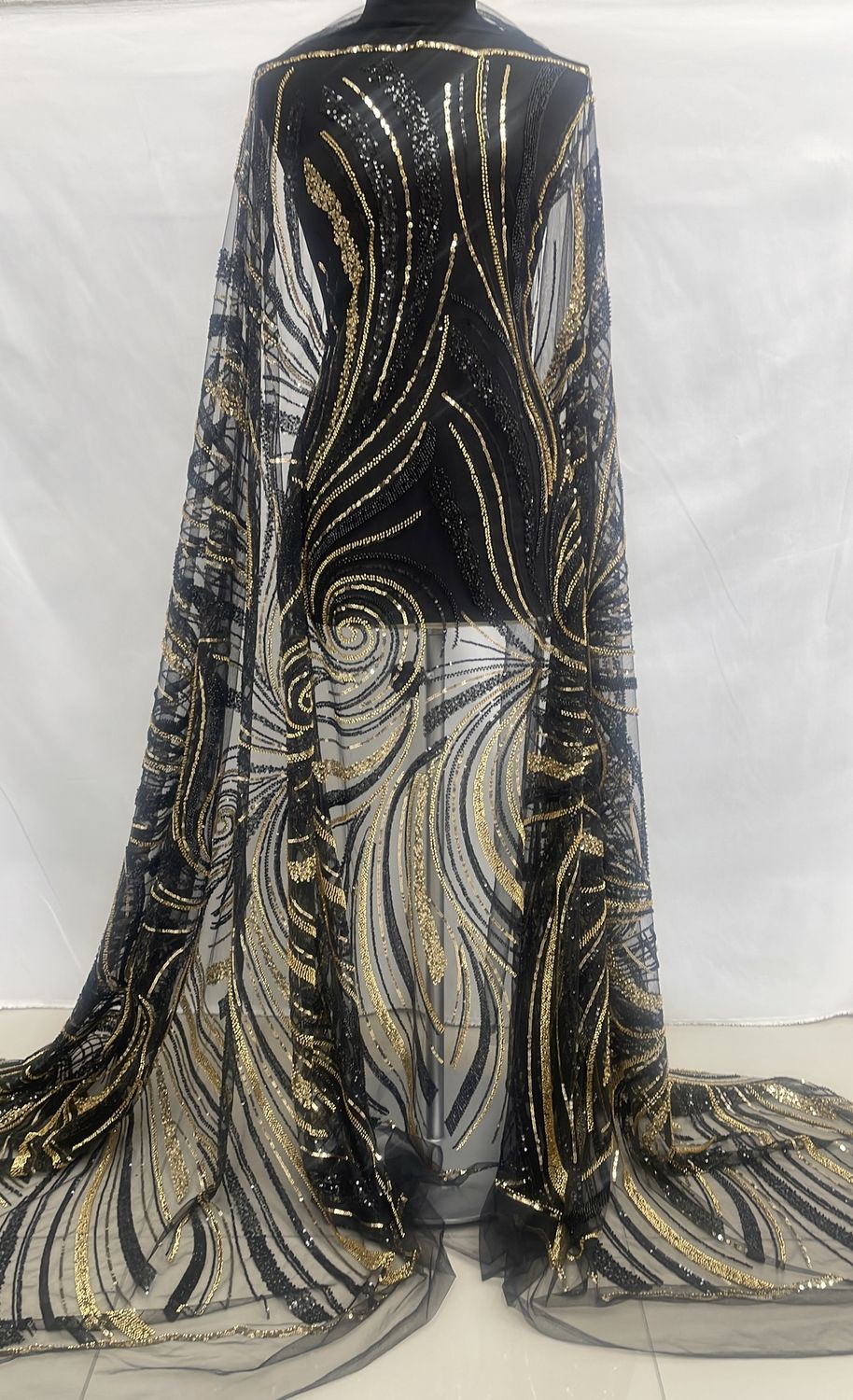 Dress Fabric [ 24804 ] Tulle Emb Bead-37811-137-Black/Gold-1 per Meter