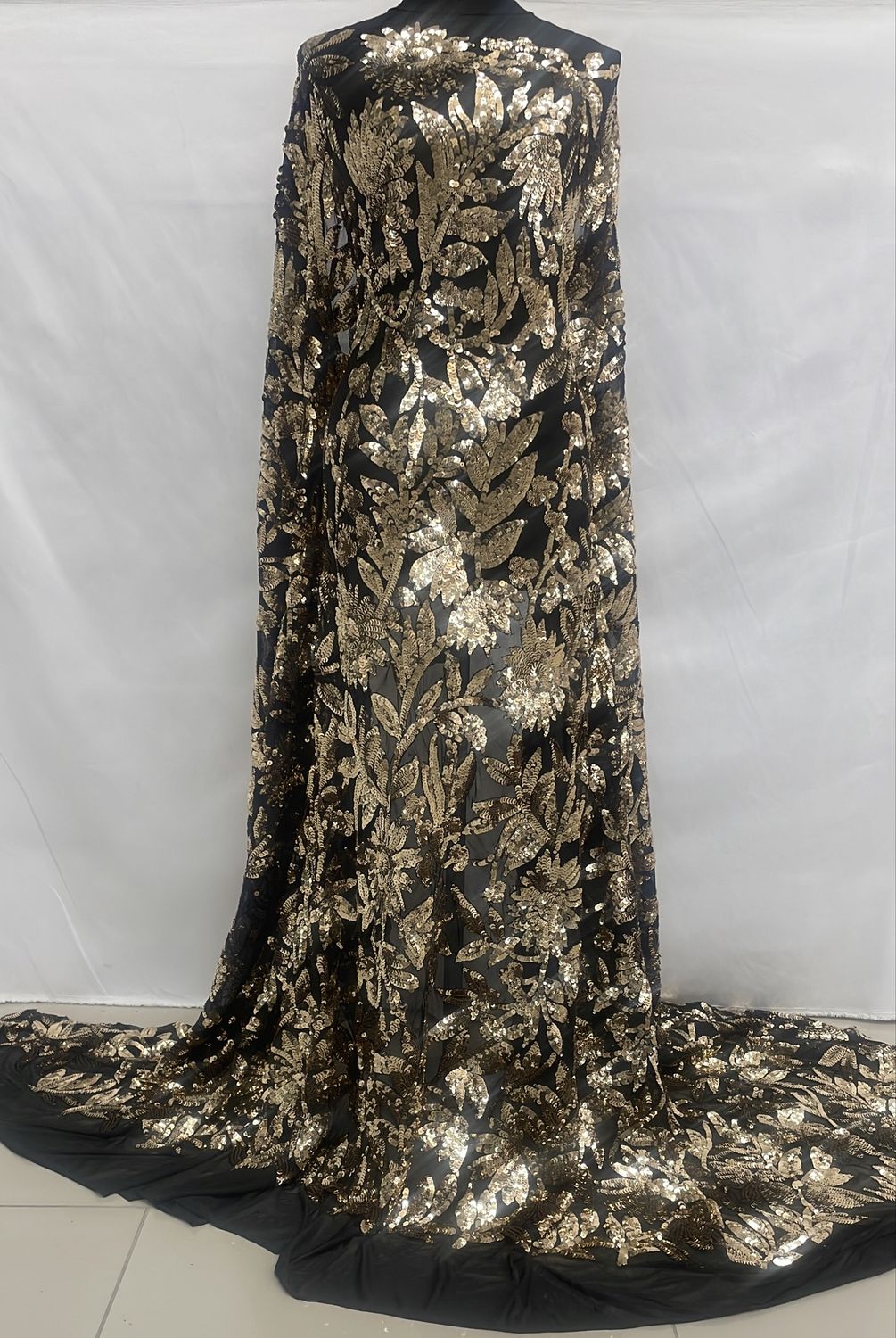 Sequins Dress Fabric [ 25007 ] Mesh Emb Sequence-GZ-39586-137-Black w/ Gold-01 per Meter