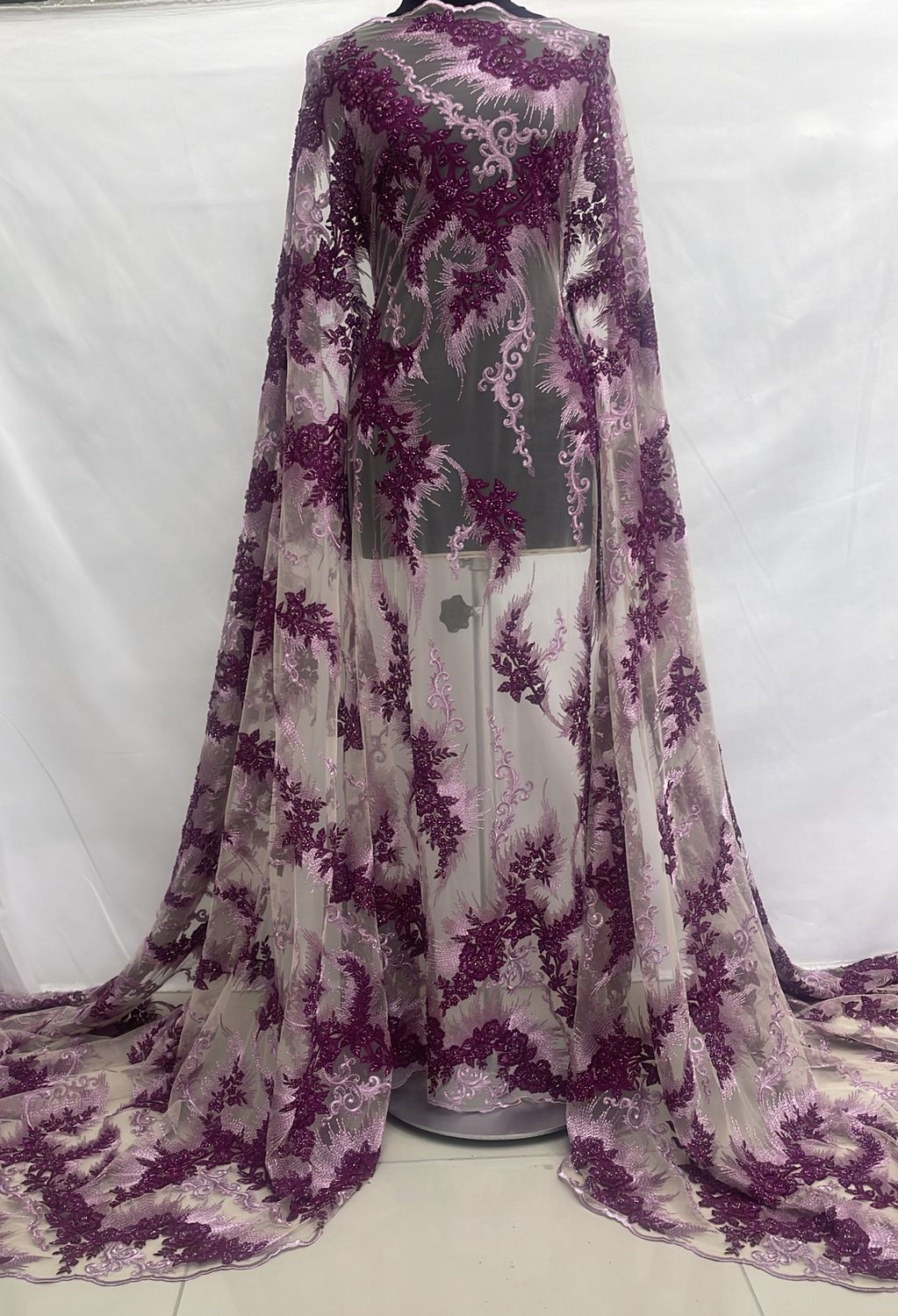 Dress Fabric [ 15874 ] Tulle Embroidered Beaded/130cm/5g/MAROON PINK per Meter