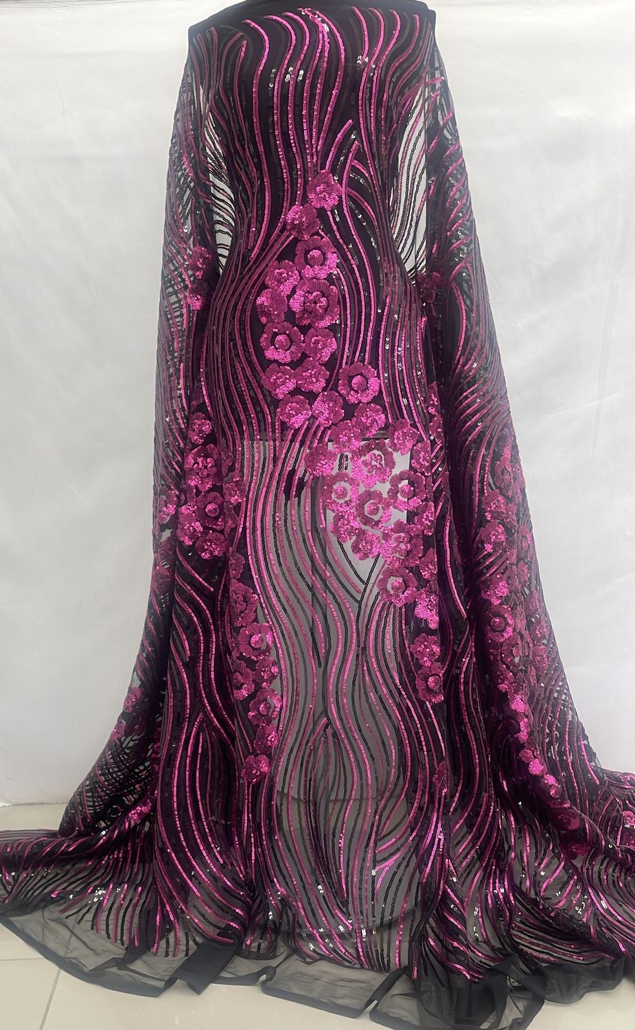 Dress Fabric [ TES-G17A-8632-1 ] TulleEmbSecq-137cm-CERISE per Meter