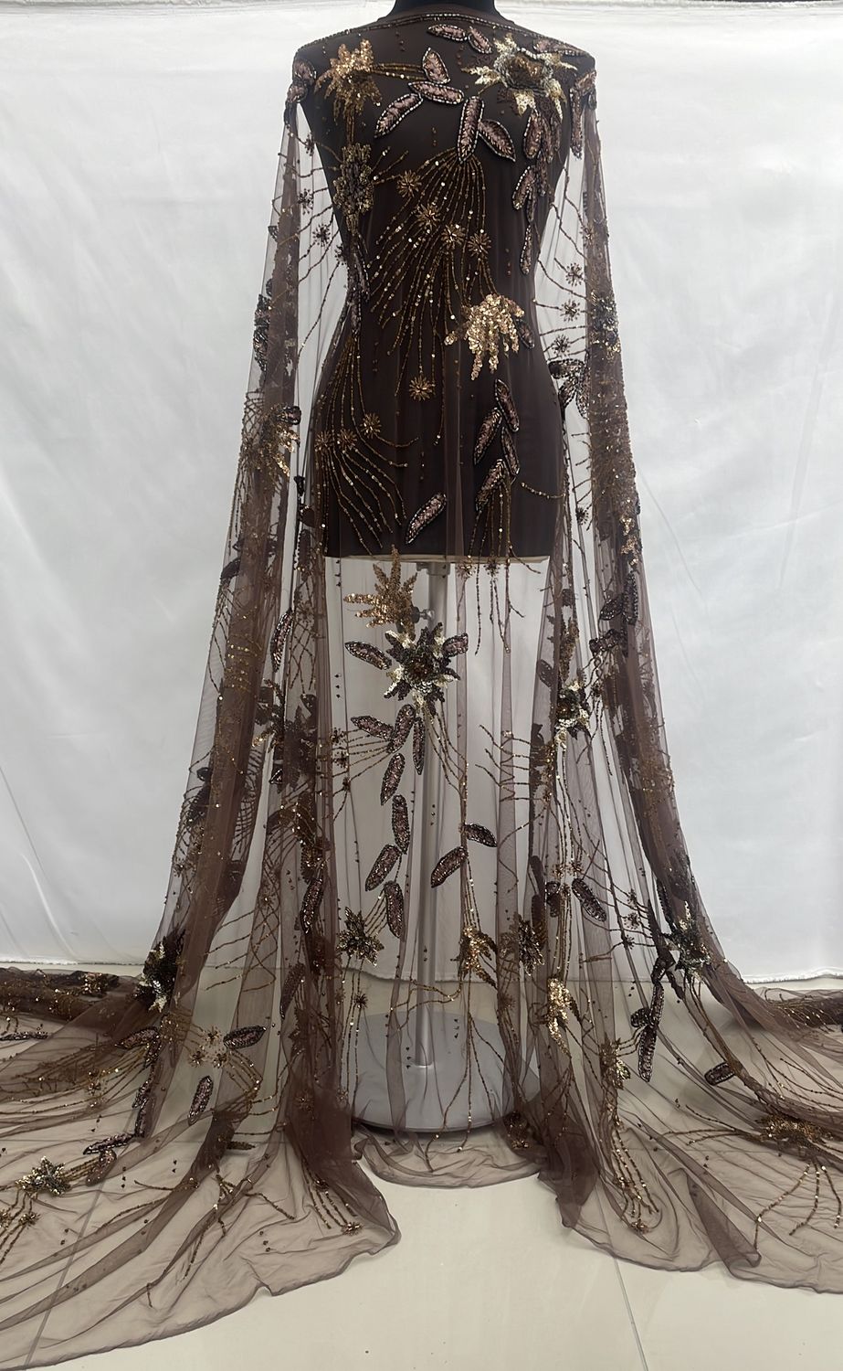 Dress Fabric [ TUB-E-BRS36-B ] Tulle Beaded - Brown per Meter