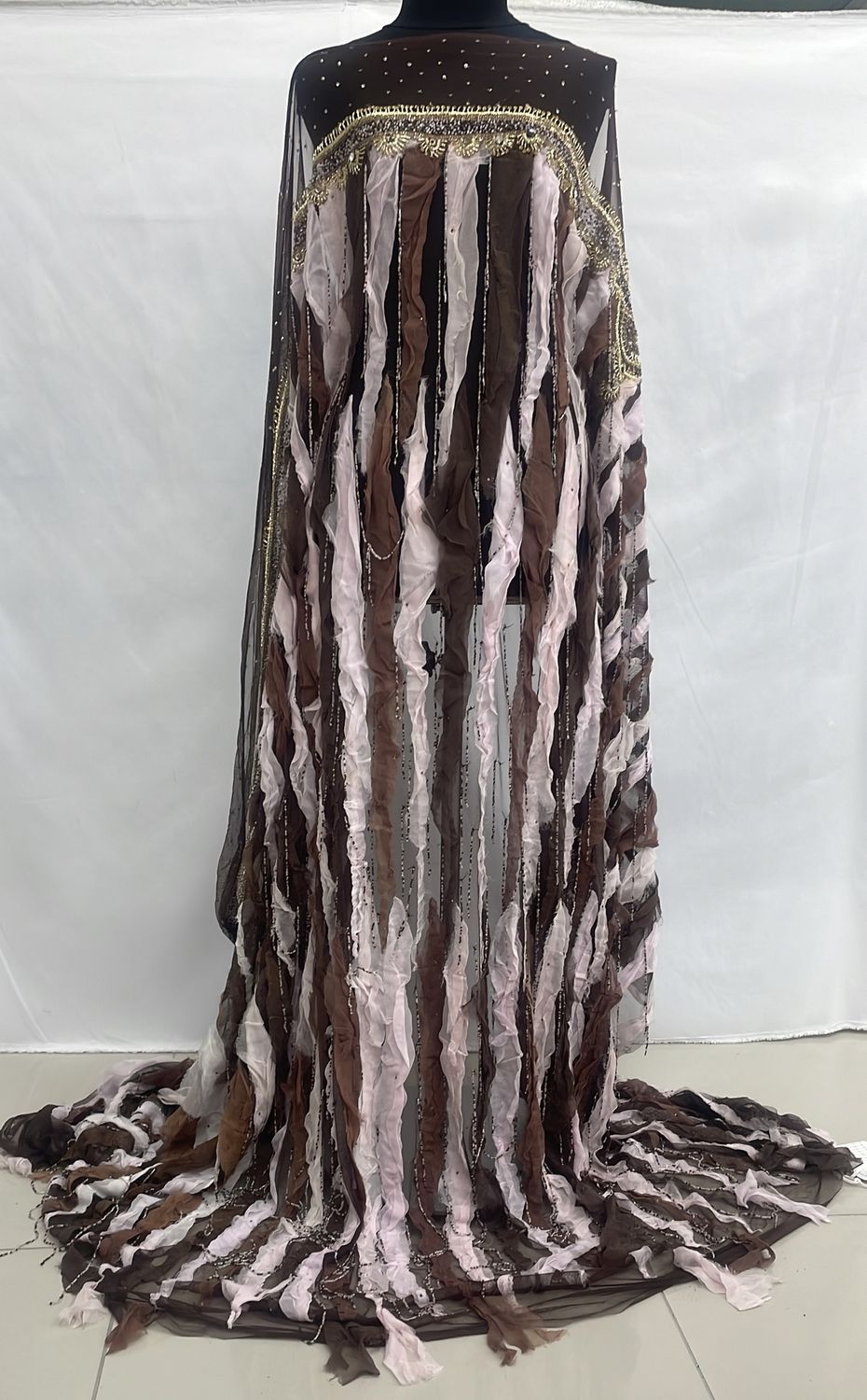 Dress Fabric [ TUB-E-AD2393-CP ] Tulle Beaded 150-Choc/Pink per Meter