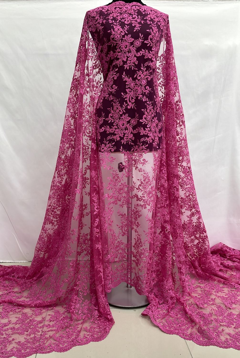 Dress Fabric [ 17761 ] Tulle Embroidered Corded/137cm/5g/FUSHIA per Meter