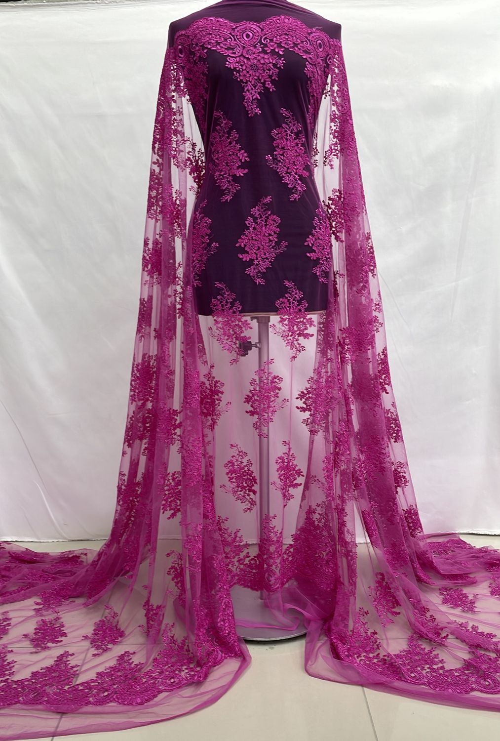 Dress Fabric [ 14152 ] Tulle Embroidered Corded/137cm/5g/Cerise per Meter