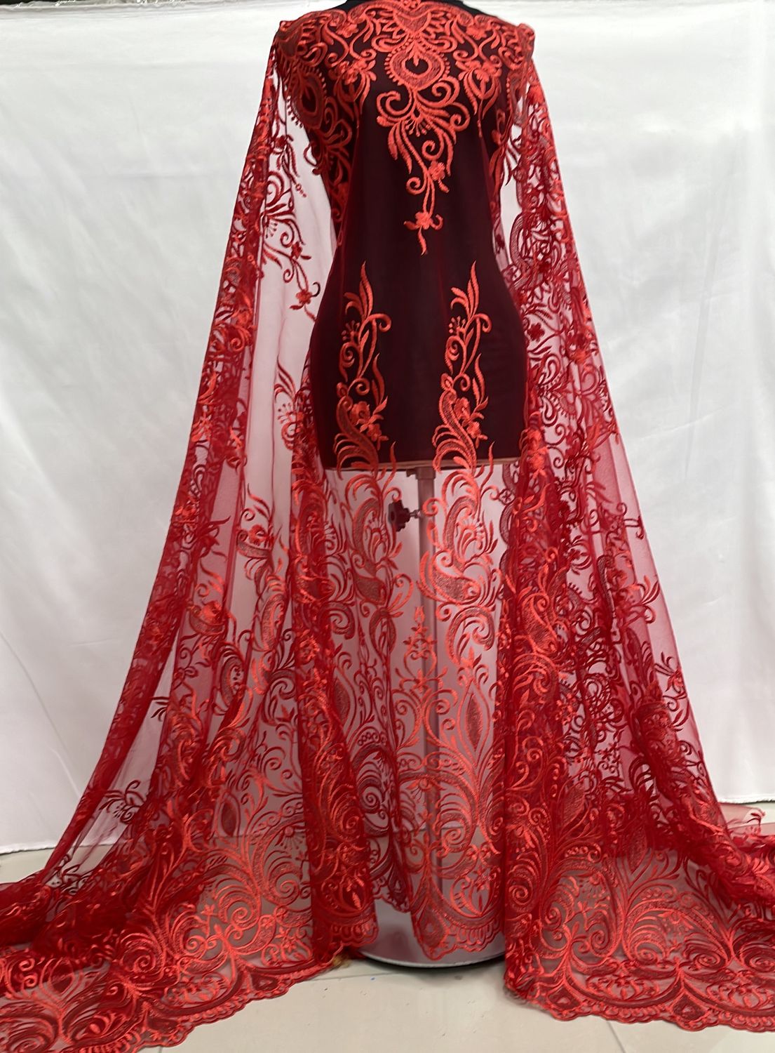 Dress Fabric [ 14174 ] Tulle Embroidered Metalic/137cm/5g/Red per Meter