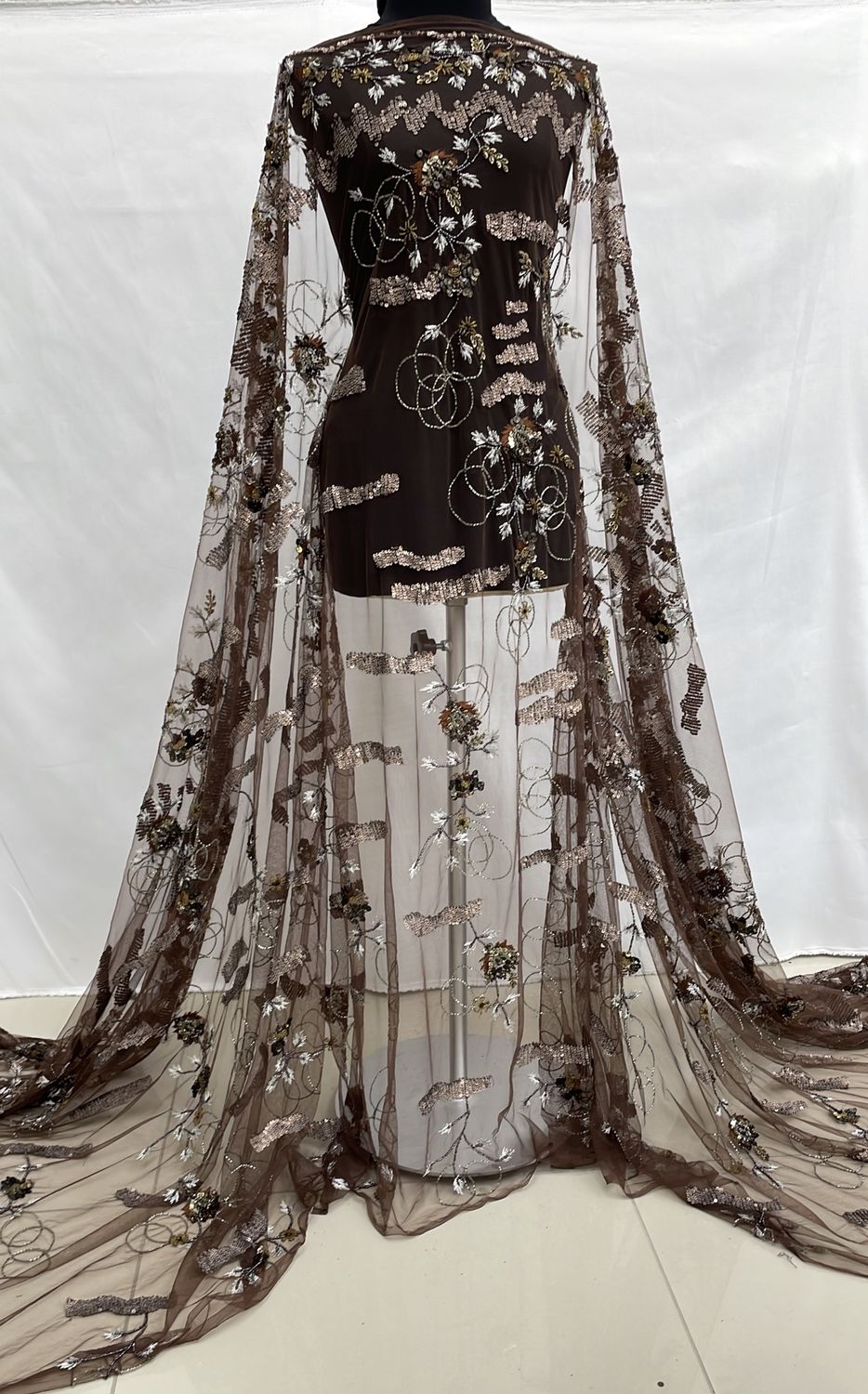 Dress Fabric [ TUB-E-BRS26-B ] Tulle Beaded - Brown per Meter