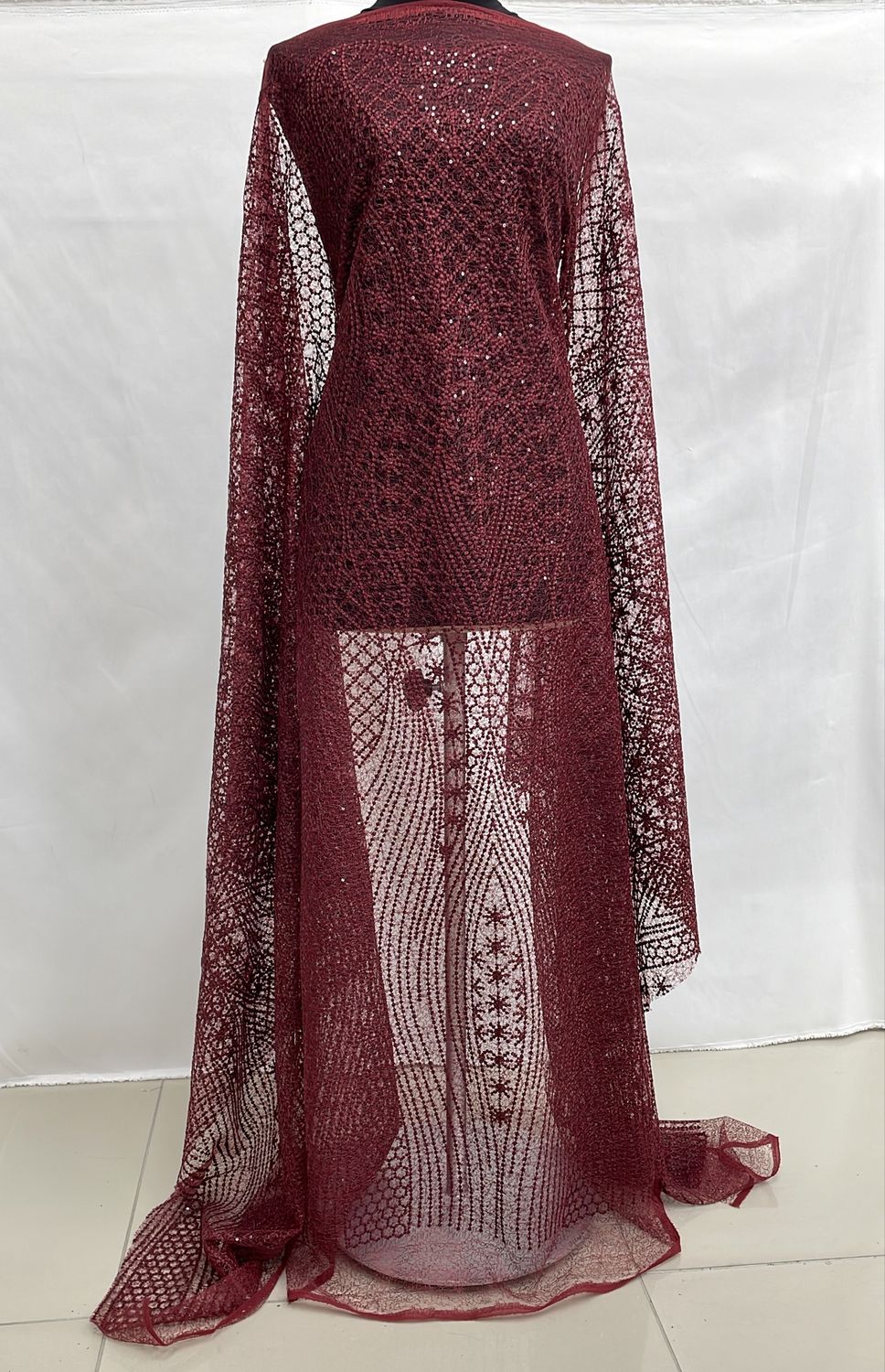 Sequins Dress Fabric [ 19682 ] Tulle Emb French Knot Sequin/137cm/5g/WINE per Meter