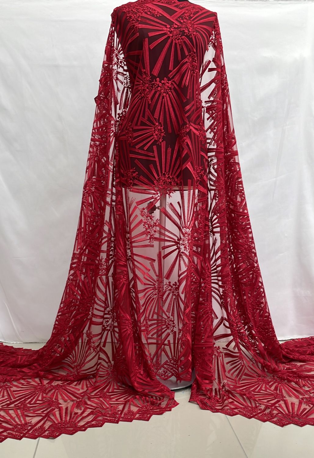 Dress Fabric [ 16321 ] Tulle Embroidered/137cm/5g/RED per Meter