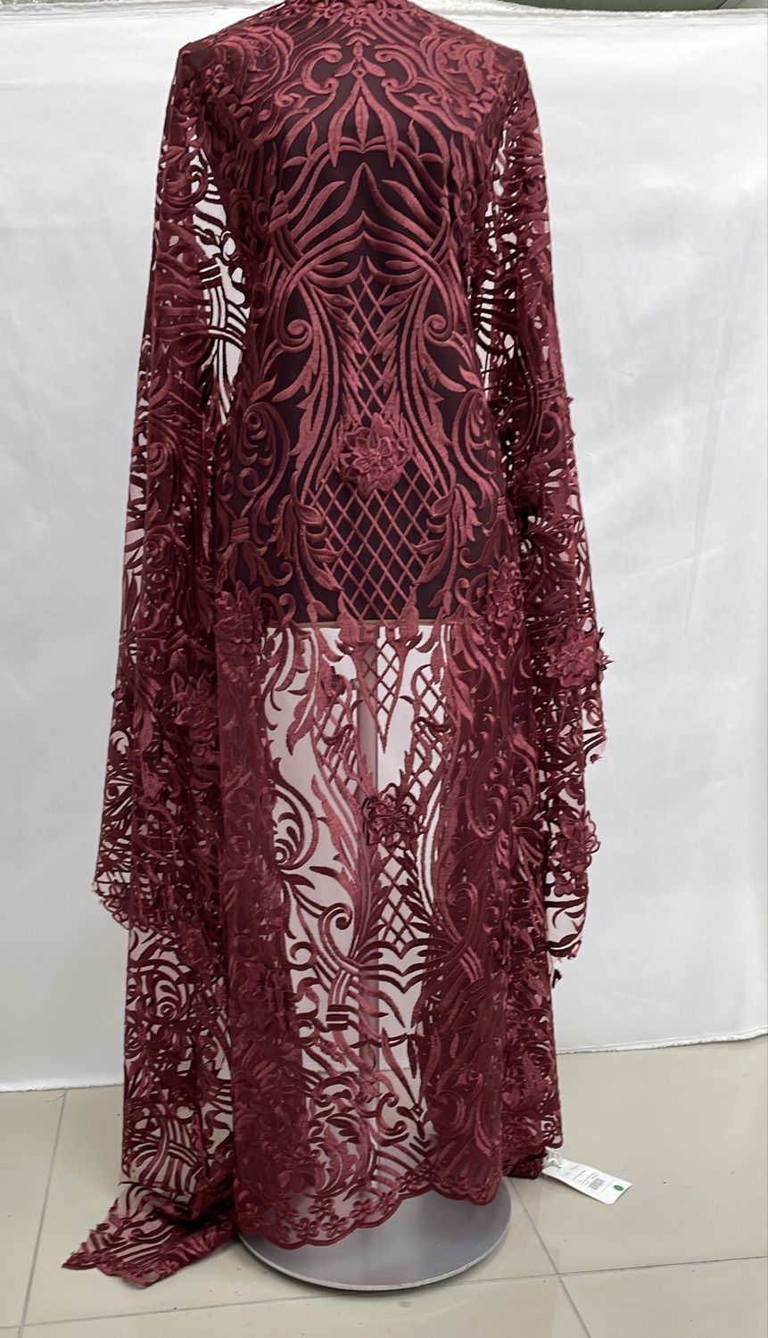 Dress Fabric [ 16713 ] Tulle Embroidered/137cm/5g/Maroon per Meter