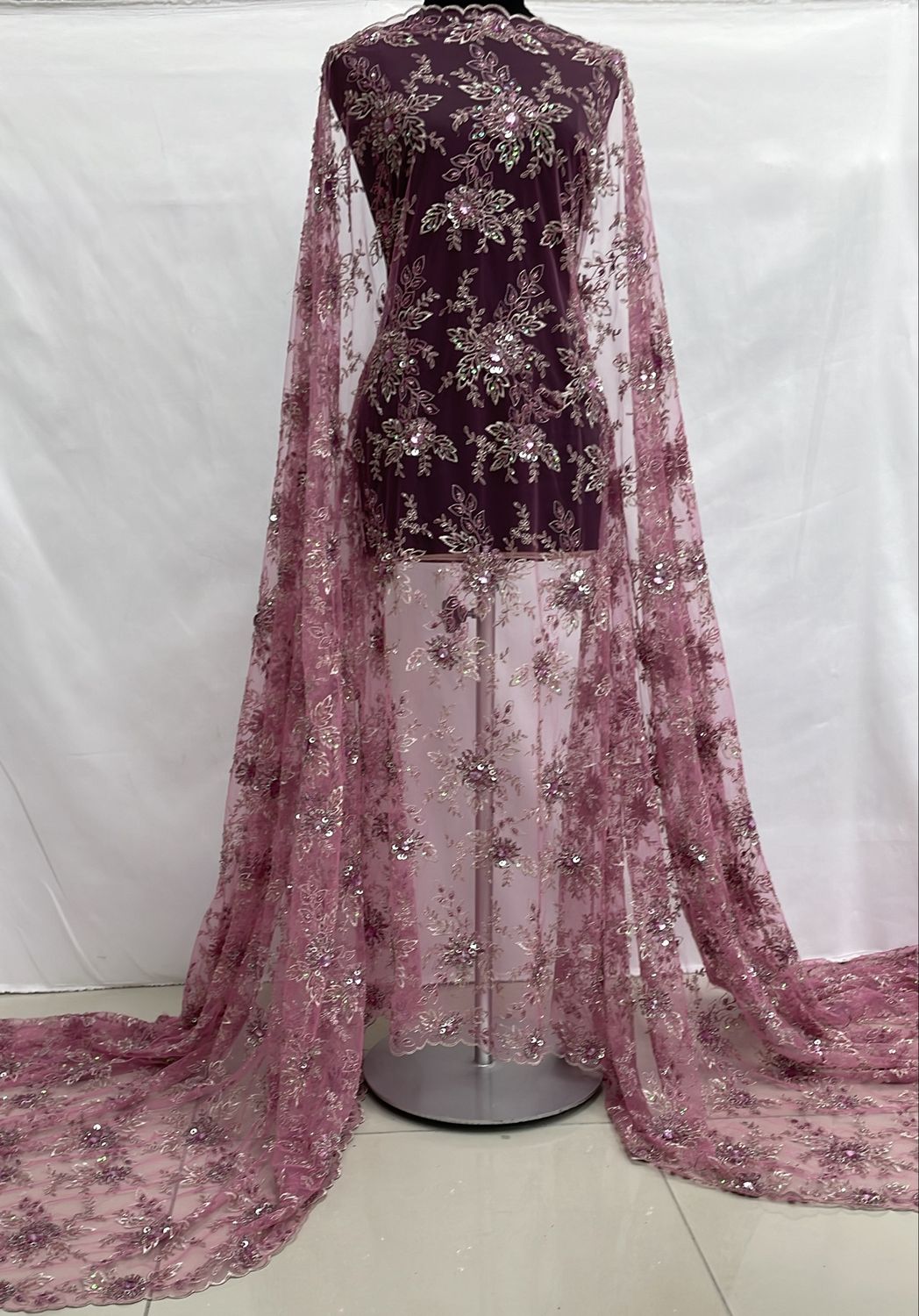 Dress Fabric [ TUEB-BZ-6013-1 ] Tulle Emb Bead137cm-PINK per Meter