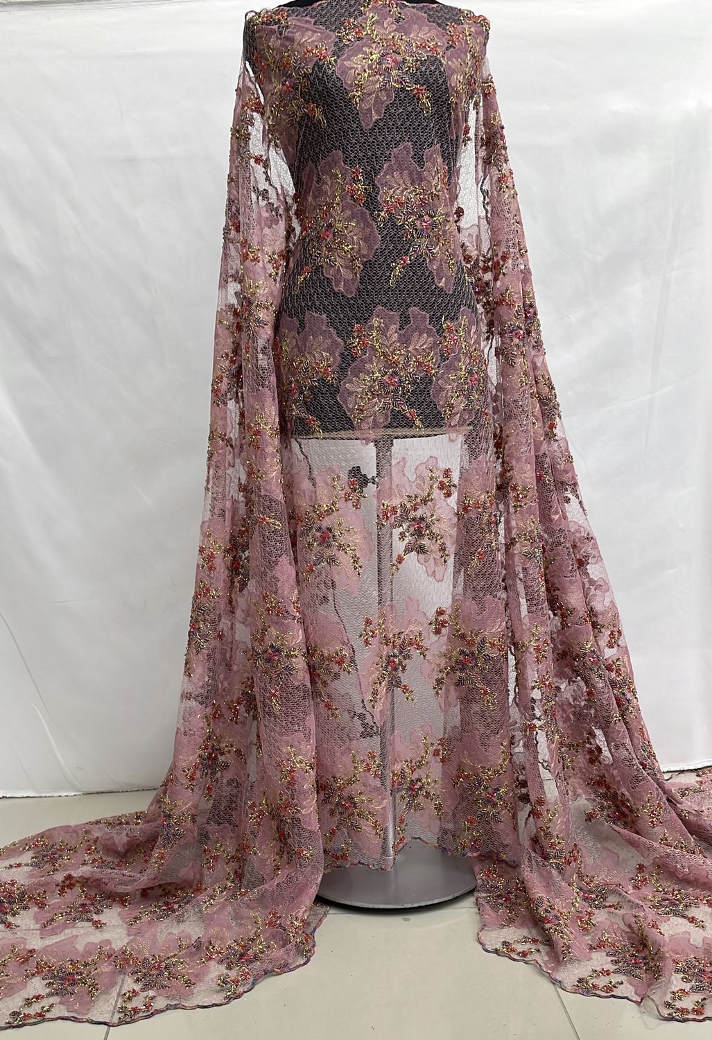 Dress Fabric [ TUEB-E-SDF42-PG ] Tulle Embroidered Beaded - Pink/Gold per Meter