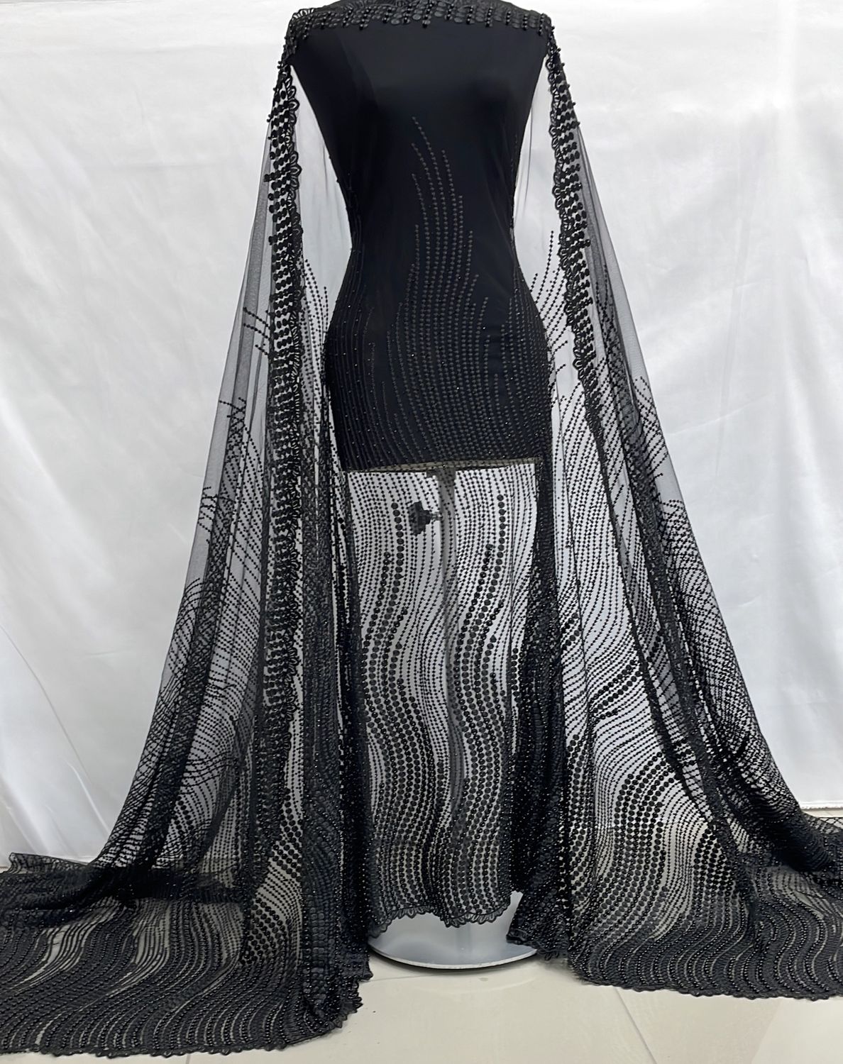 Dress Fabric [ 21441 ] Tulle Embroidered Beaded/137/5g/BLACK per Meter