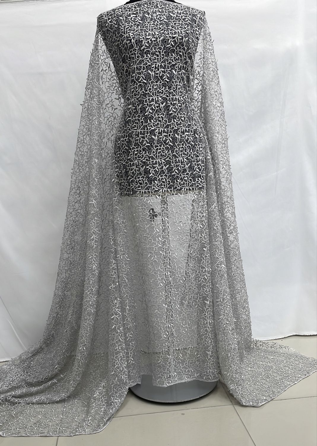 Sequins Dress Fabric [ 24860 ] Spider Tulle Emb Seq-137-01-Silver per Meter