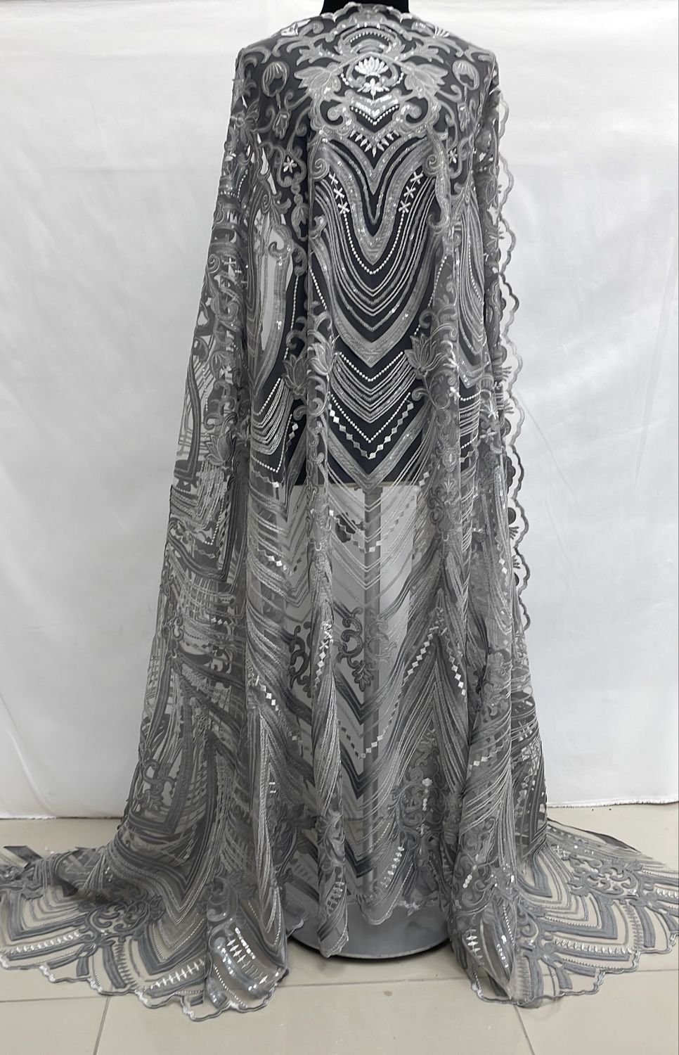 Dress Fabric [ 16641 ] Tulle Embroidered Lazer Cut Bead/137cm/5g/Grey per Meter