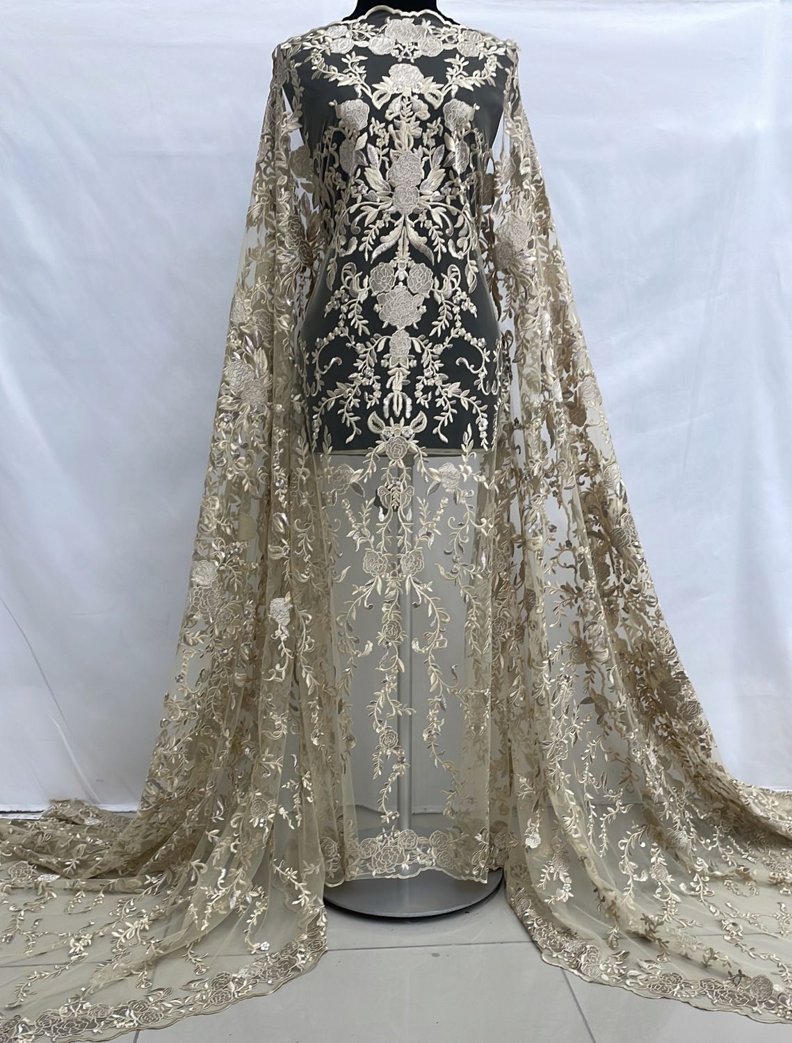Dress Fabric [ 14108 ] Tulle Embroidered Metalic/137cm/5g/Gold per Meter