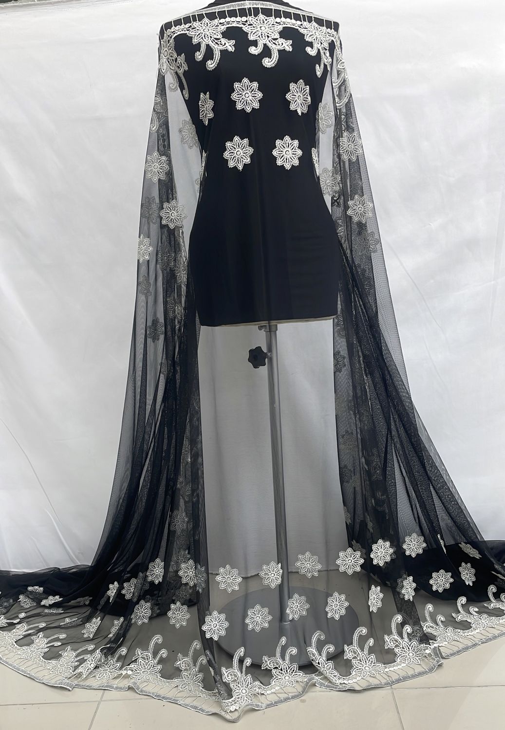 Dress Fabric [ 20946 ] Mesh Embroidery/150/5g/Black per Meter