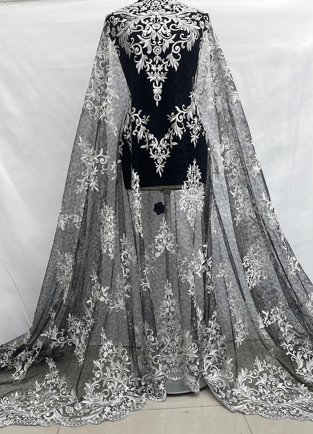 Dress Fabric [ TE-ES-7288-BI ] TulleEmbroidered137cm-BLACKIVORY per Meter