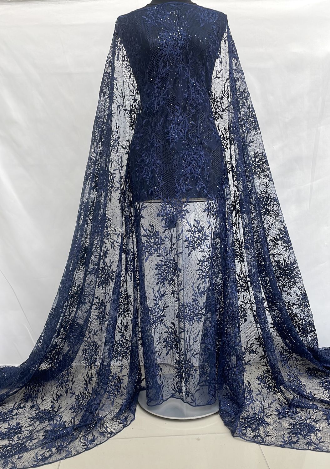 Dress Fabric [ 24858 ] Tulle Emb Bead -137-01-Navy per Meter