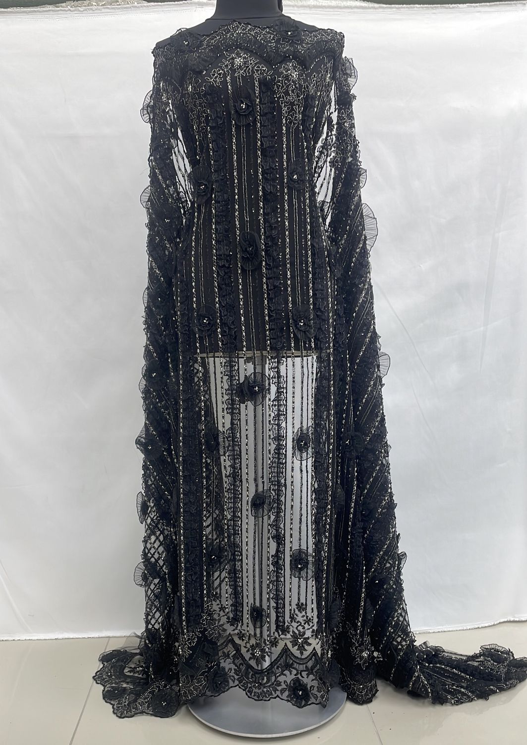 Dress Fabric [ TUEB-WT-M4200-1 ] Tulle Emb Beaded - 135W - Black per Meter