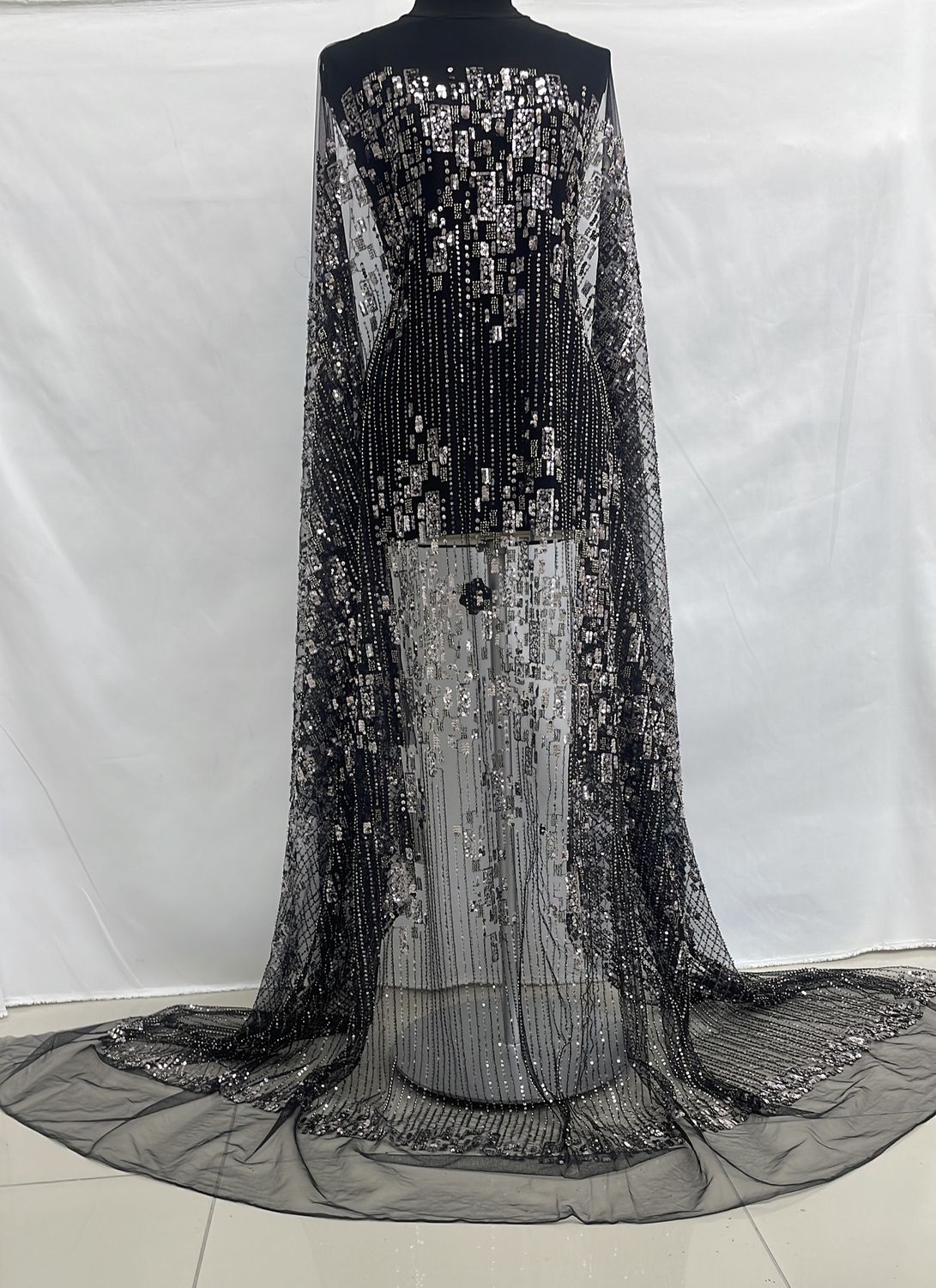 Dress Fabric [ 24577 ] TulleEmbBead-127650-137-07-Black per Meter