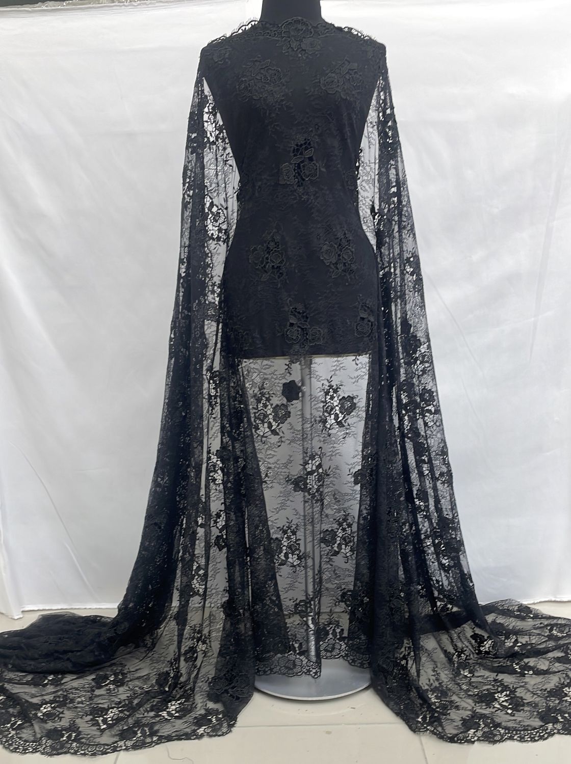 Dress Fabric [ LAE-ES-10087-BL ] LaceEmbroidered137cm-BLACK per Meter
