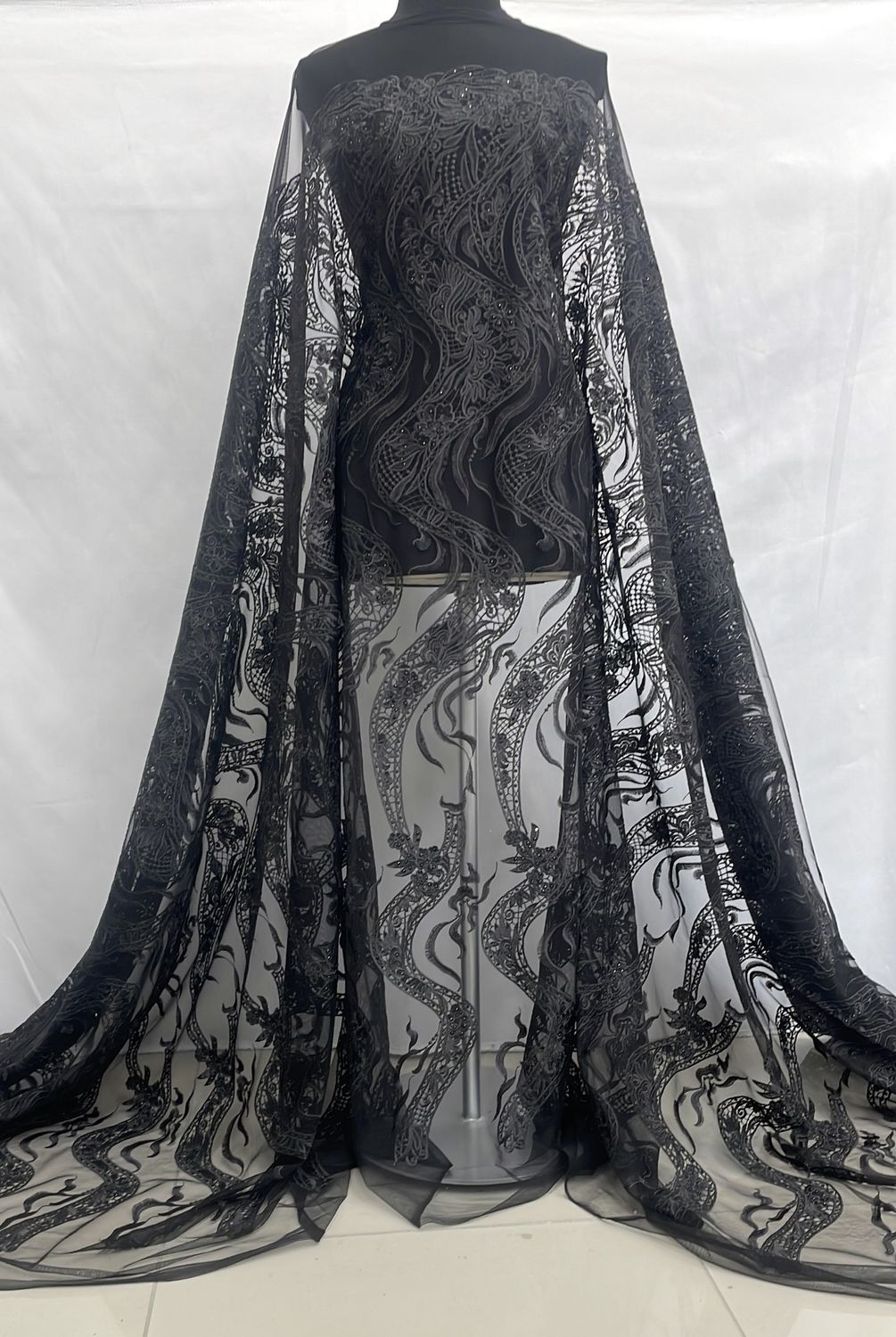 Dress Fabric [ TES-NH-2069-5 ] TulleEmbStone137cm-BLACK per Meter
