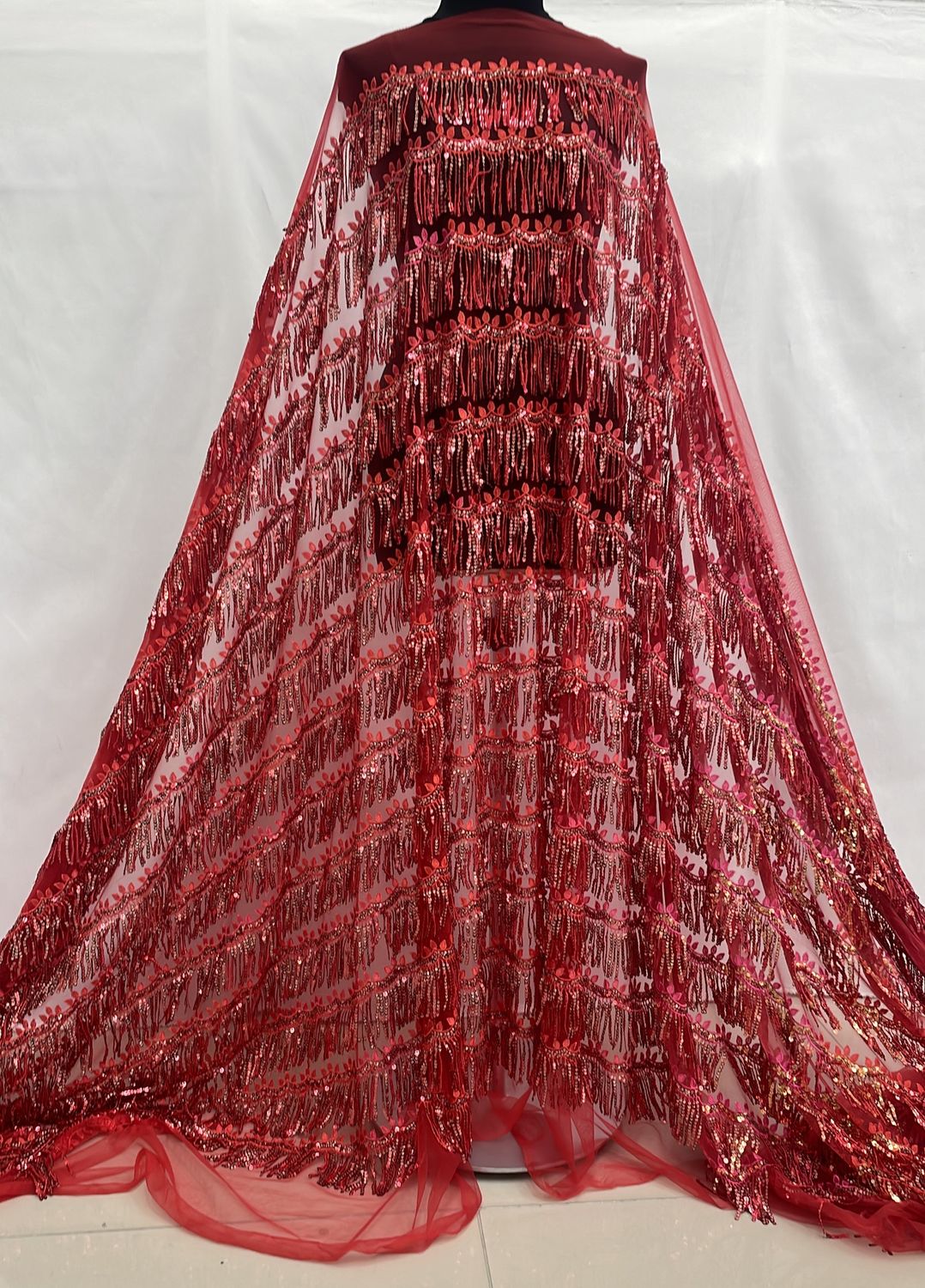 Sequins Dress Fabric [ 19701 ] Tulle Emb Sequin Fringe/137cm/5g/RED per Meter
