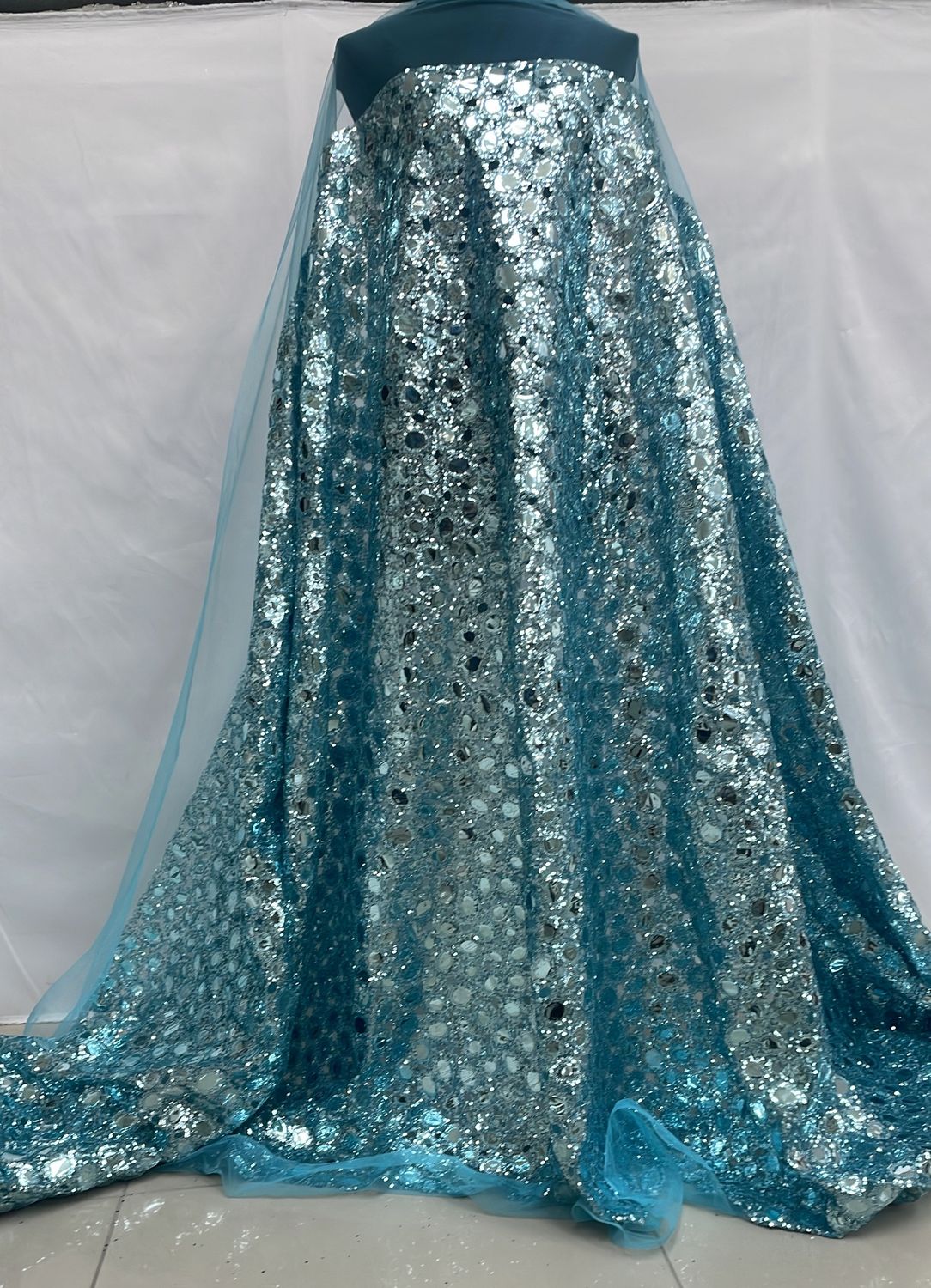 [ 21918 ] Tulle Emb Secq With Mirror-137-Aqua-001 per Meter