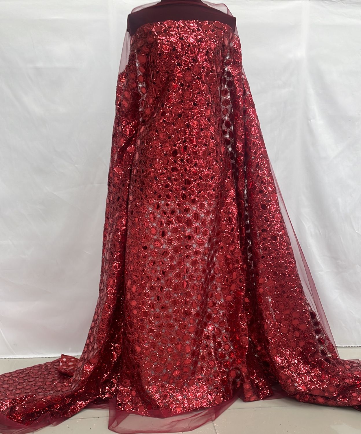 [ 21921 ] Tulle Emb Secq With Mirror-137-Red-004 per Meter