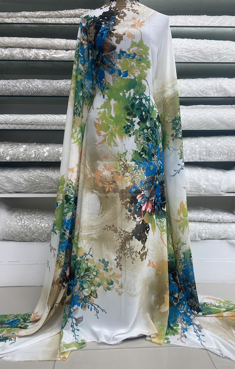 Chiffon [ 15455 ] Chiffon Printed/150cm/5g/Green per Meter