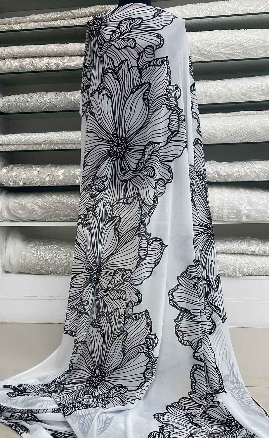 [ 24101 ] Peach Chiffon Digital Print-150-Black White-01 per Meter