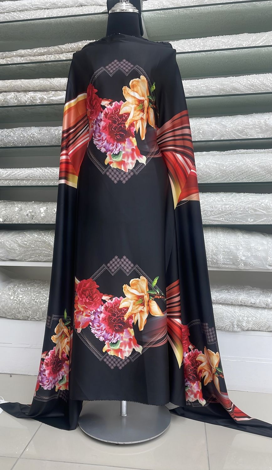 [ 17467 ] Satin Stretch Printed/130cm/5g/Black w/red per Meter