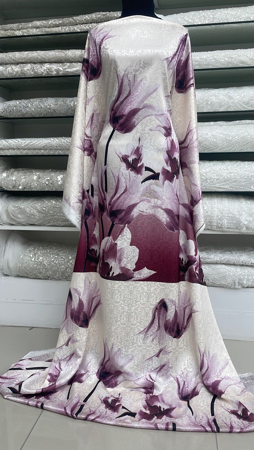 [ 21074 ] Satin Jacquard Printed/150/5g/CreamPurple per Meter