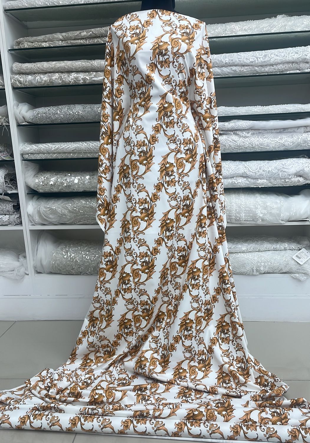 [ 21676 ] Poly Non Stretch Printed/150/5g/IVORY/GOLD per Meter