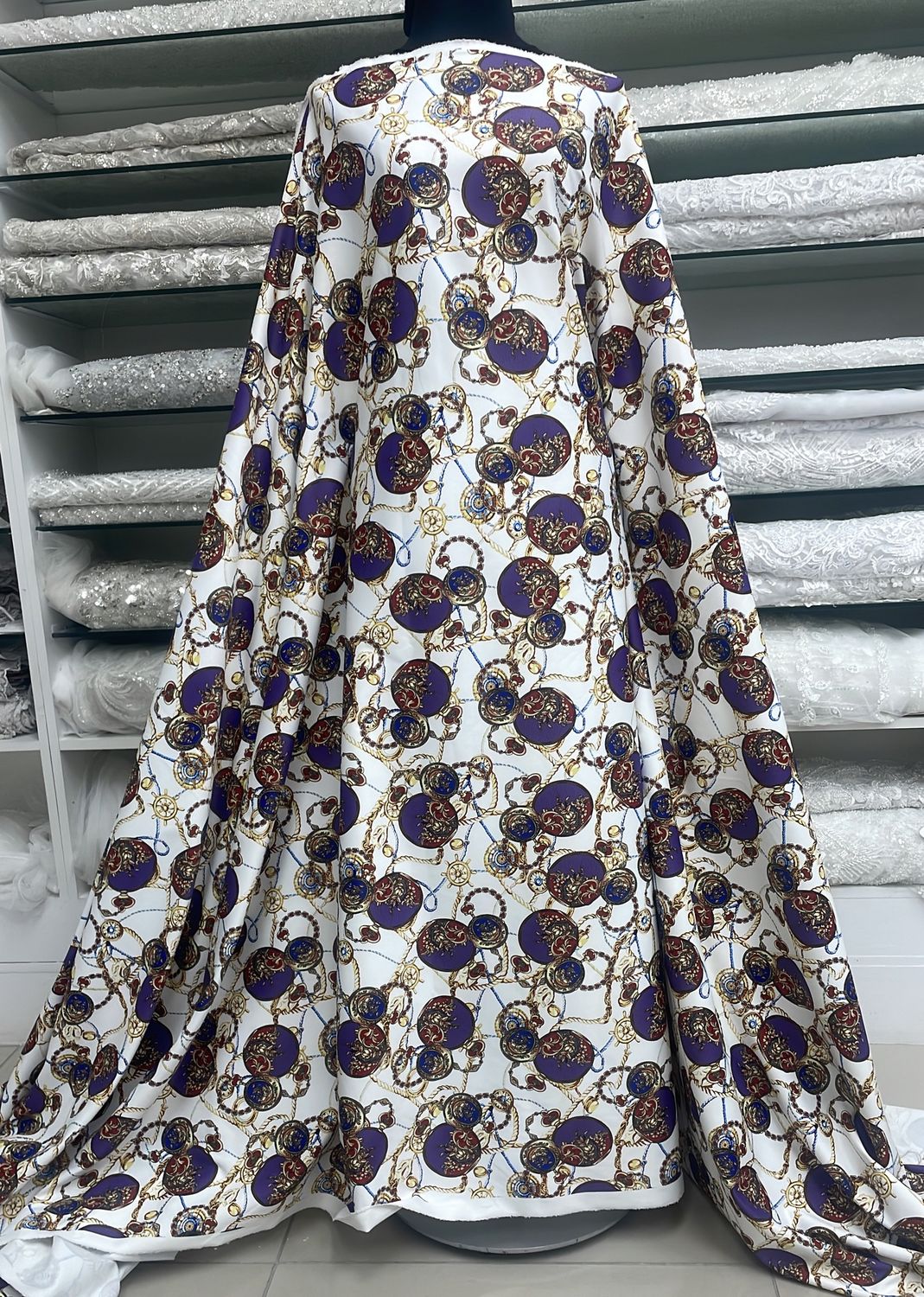 [ 21673 ] Poly Non Stretch Printed/150/5g/IVORY/PURPLE per Meter