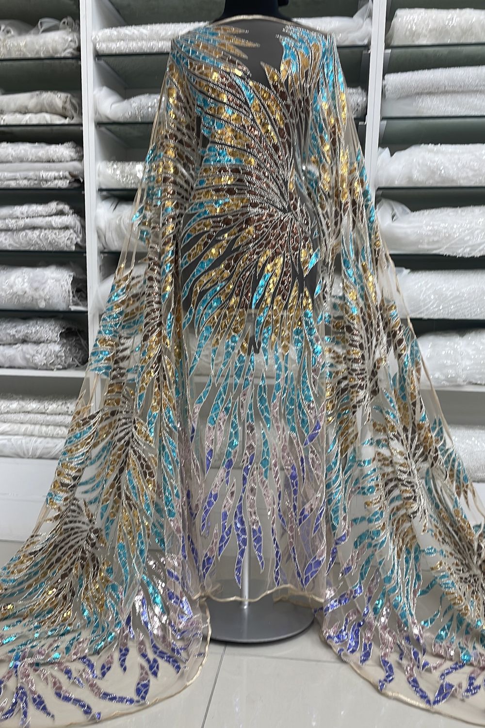 Dress Fabric [ 25072 ] Tulle Emb Beaded-GZ-WSR-2259-1-137-Gold Turq-06 per Meter