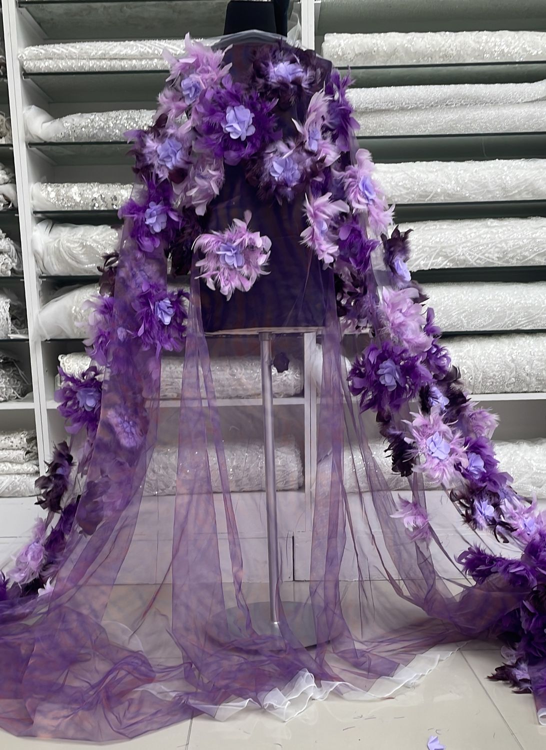 Dress Fabric Tulle Emb Applique Feathers-per m-150-COL 3-Purple Grape