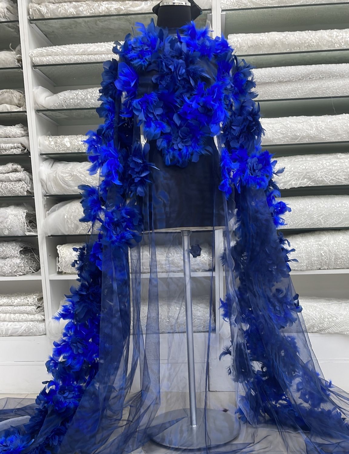 Dress Fabric Tulle Emb Applique Feathers-per m-150-COL 4-Navy Royal