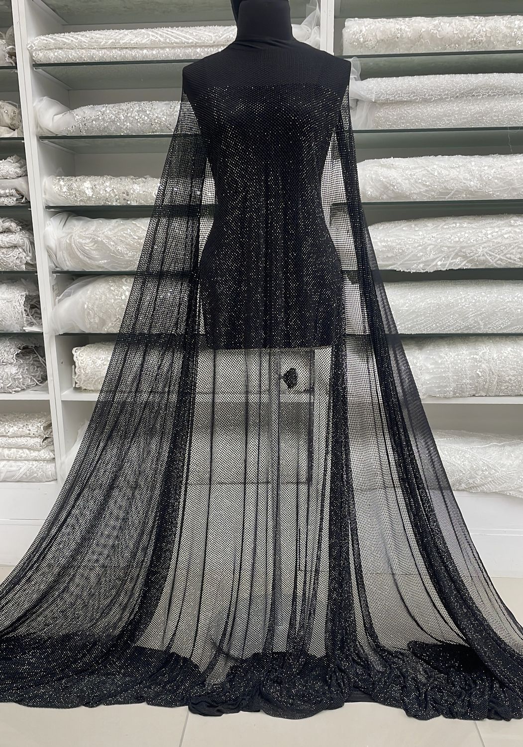 Dress Fabric Tull with embroidery-per m-150-01-Black