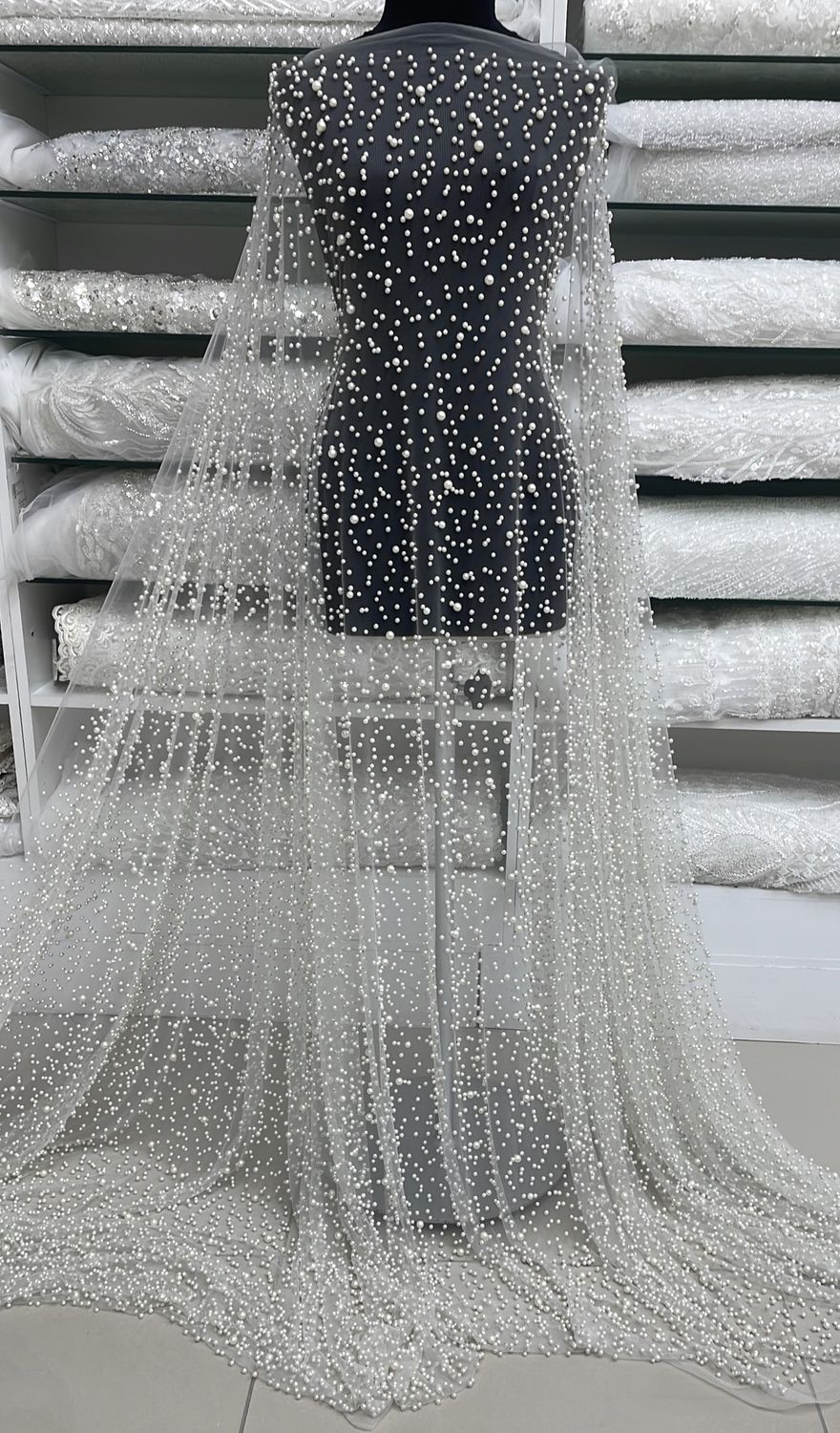 Wedding Dress Fabric Tulle Pearls-per m-137-02-Off White