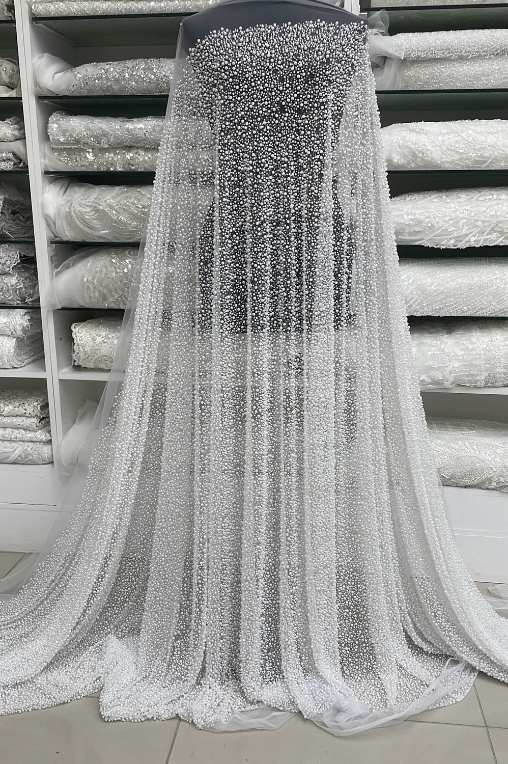 Wedding Dress Fabric Tulle Emb Pearls-per m-137-01-White