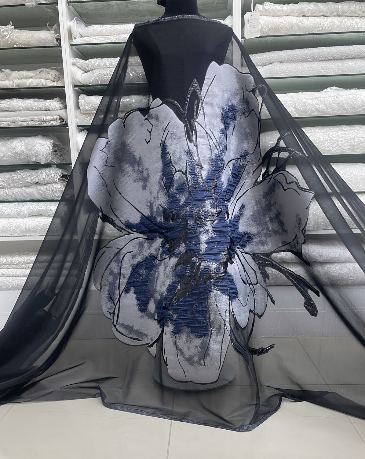 Dress Fabric Jacquard Organza Cut Centre of Black Gap Only (Panel)-per m-150-01-Grey Blue