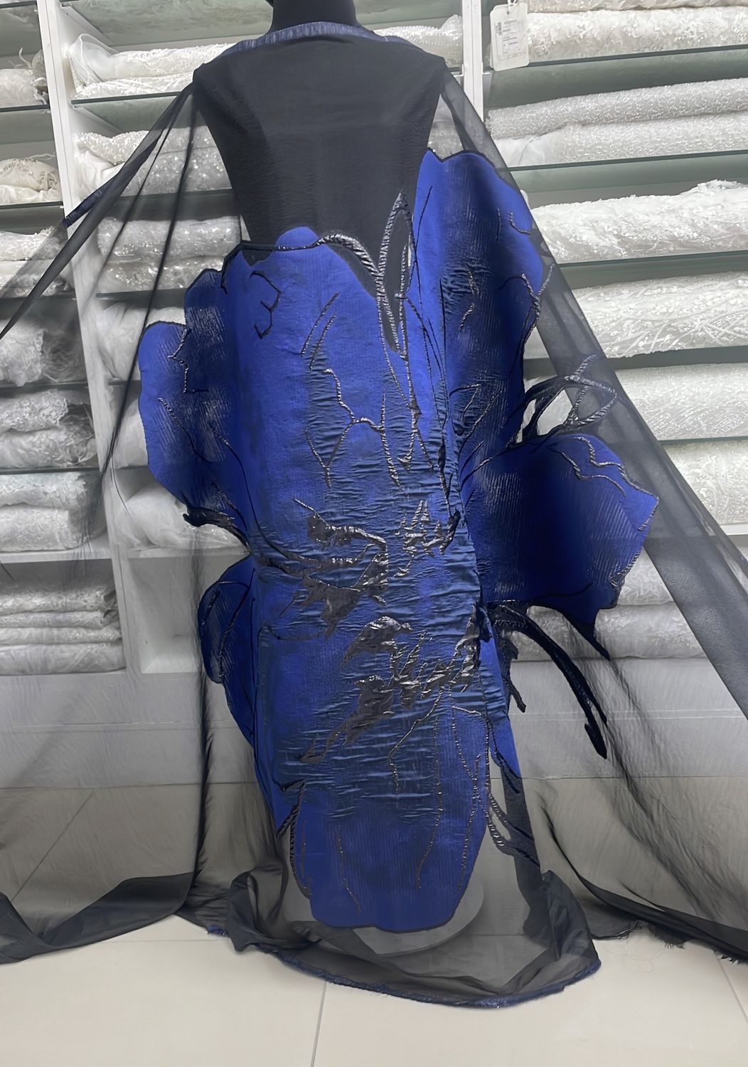 Dress Fabric Jacquard Organza Cut Centre of Black Gap Only (Panel)-per m-150-04-Royal Blue