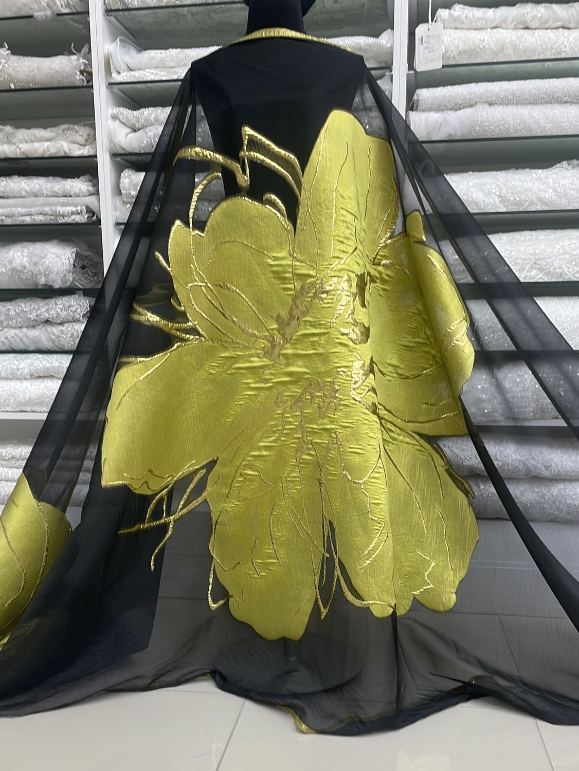 Dress Fabric Jacquard Organza Cut Centre of Black Gap Only (Panel)-per m-150-02-Chartreuse