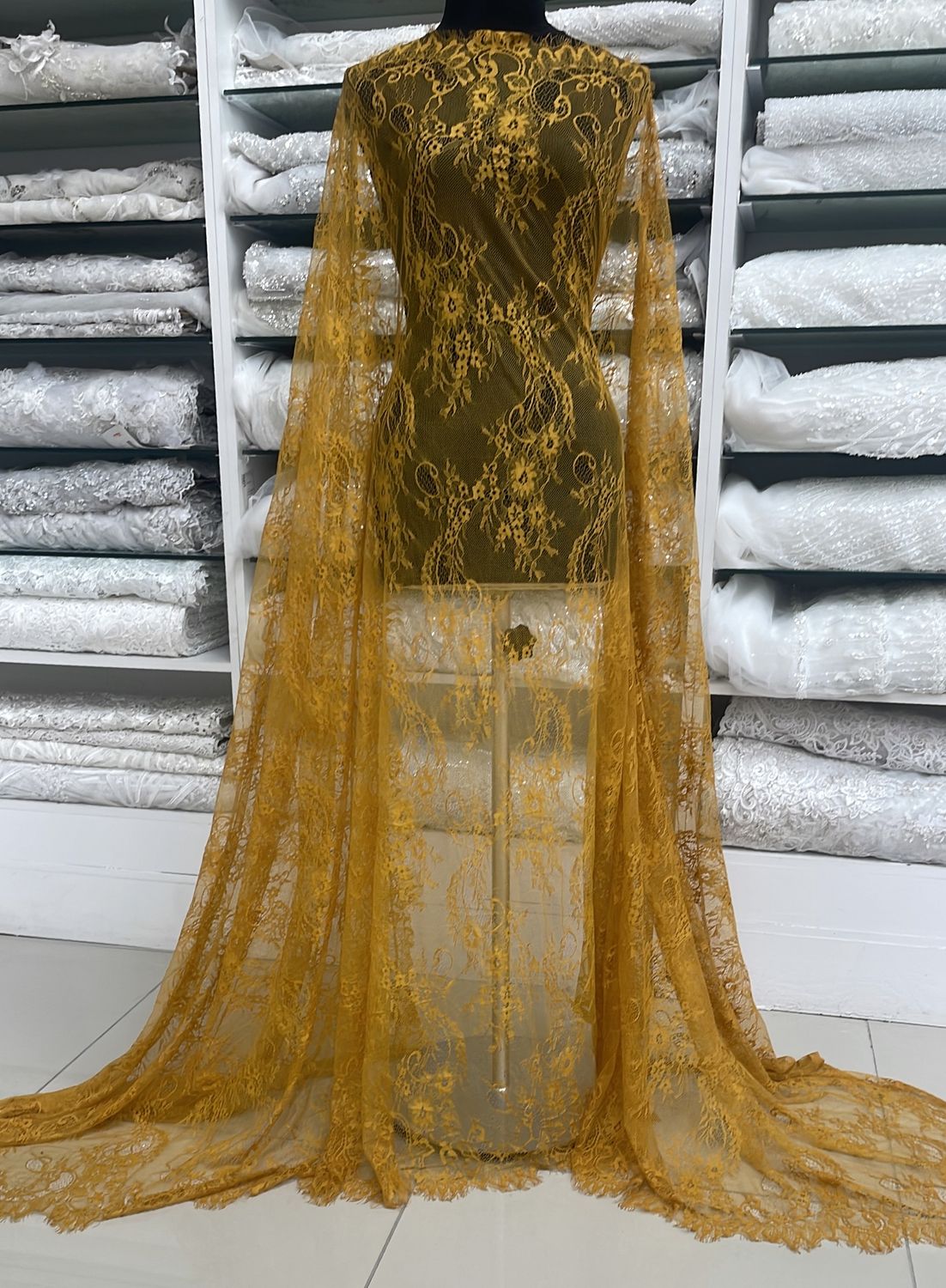 Dress Fabric Chantilly Lace Design-per m-140-16-Mustard