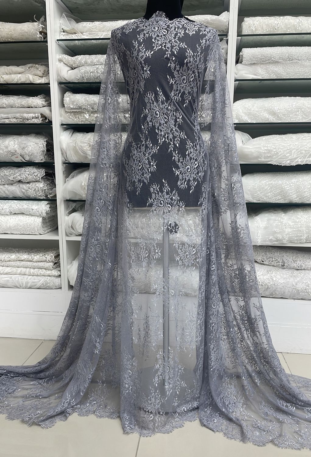 Dress Fabric Chantilly Lace Design-per m-140-04-Grey